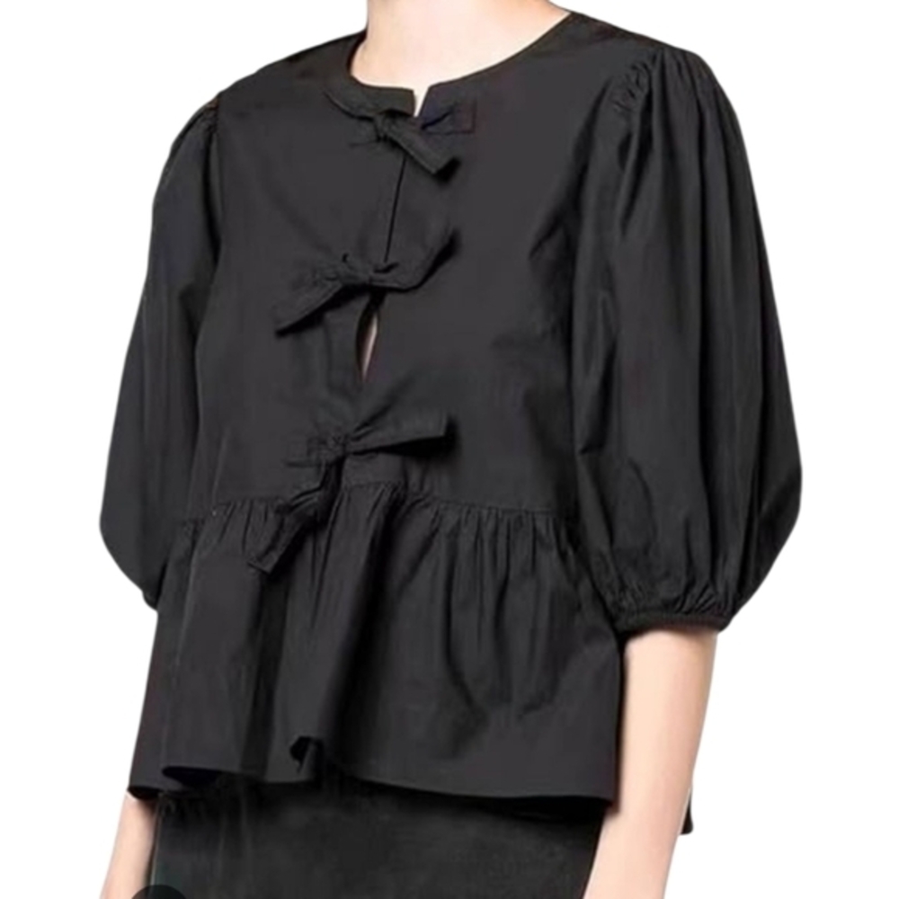 Velvet Heart Black‎ Bow Ties Peplum Puff Sleeve Women's Top Size Medium New - Picture 2 of 7